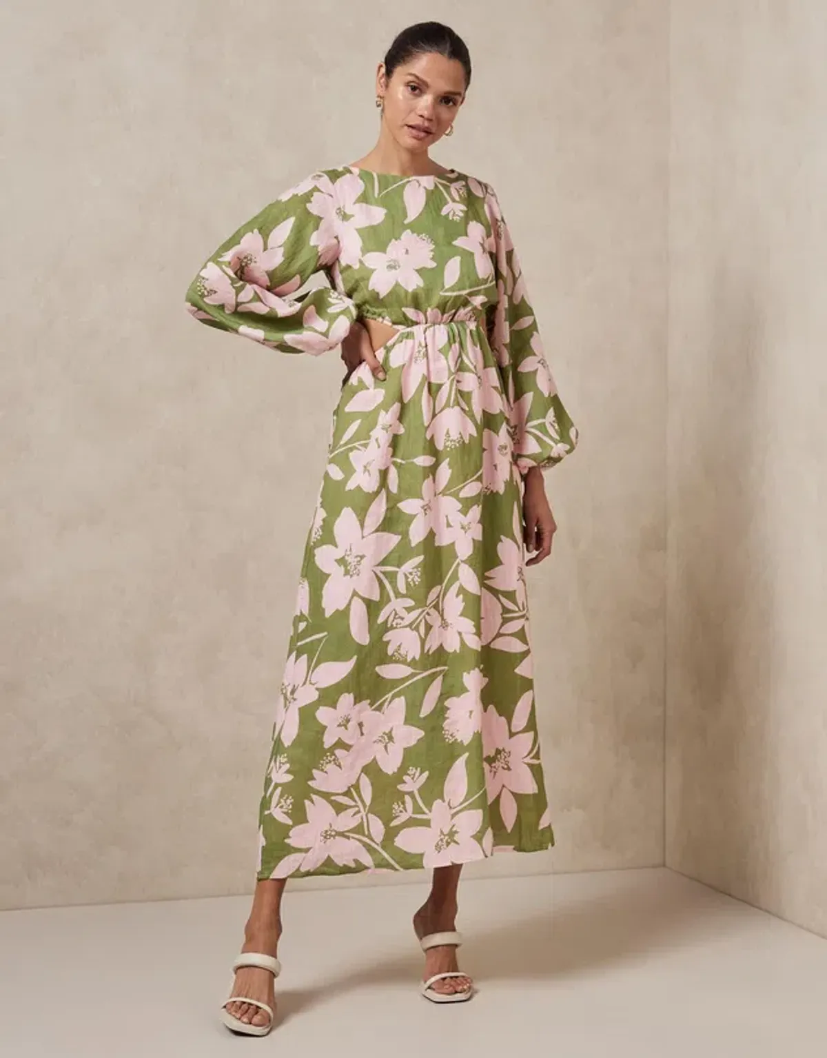 Aere Linen Billow Sleeve Maxi Dress Green Floral Size 6 for rent on The Volte - main image