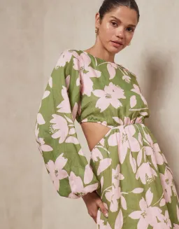 Aere Linen Billow Sleeve Maxi Dress Green Floral Size 6 for rent on The Volte - image 2