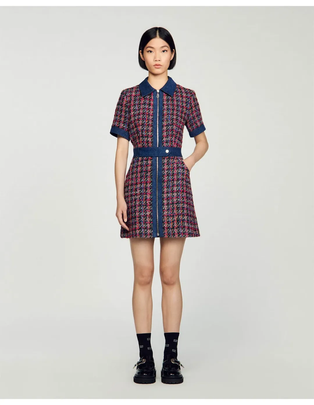 Sandro Denim Tweed Mini Dress Multi Size 12 AU for rent on The Volte - main image