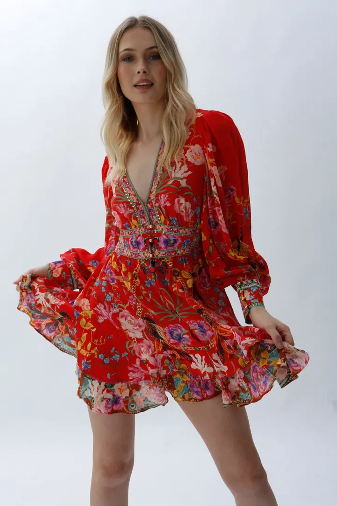 Camilla Button Front Frill Short Dress in Ruffle Some Feathers Print Size 10 for rent on The Volte - main image