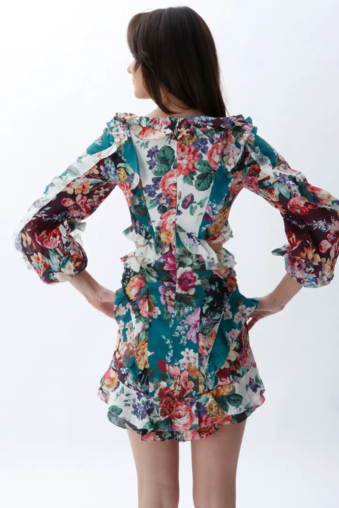 Zimmermann Allia Cut Out Mini Dress Spliced Floral Size 0 / AU 8 for rent on The Volte - main image