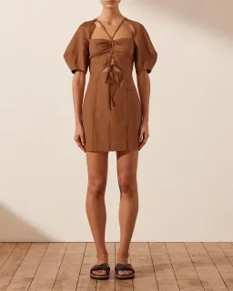 Shona Joy Jules Lace Front Lantern Sleeve Mini Dress Brown Size 8 for rent on The Volte - image 1