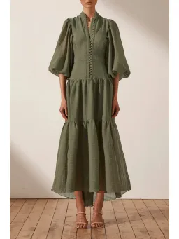 Shona Joy Charlotte High Neck Midi Dress Khaki Size AU 16 for rent on The Volte - image 1