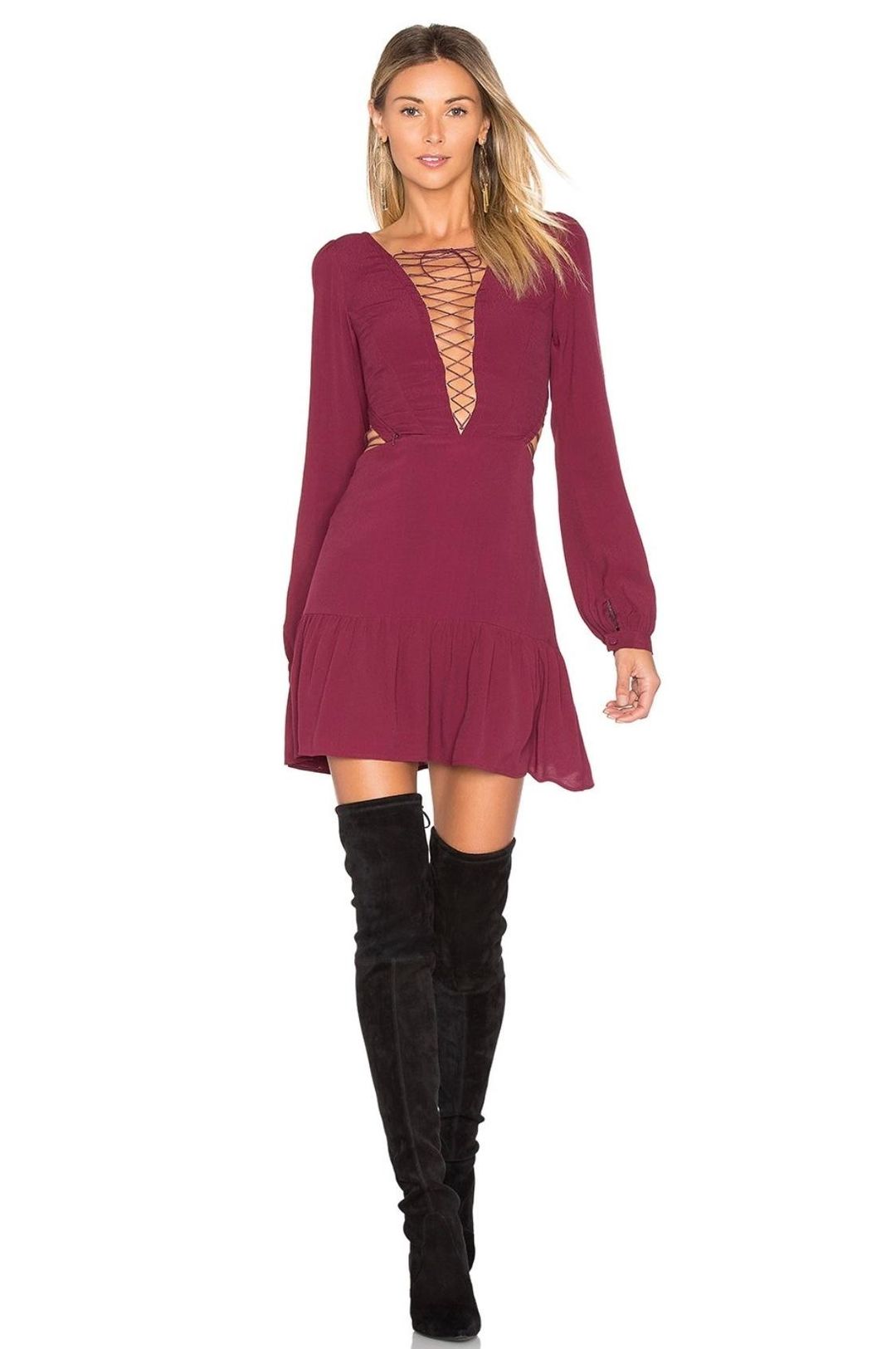 For Love & Lemons X REVOLVE Lace Up Dress in Wine size XS for rent on The Volte - main image
