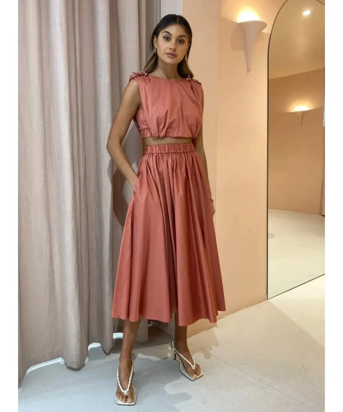 Acler Landon Top And Midi Skirt Set Terracotta Size AU 10 for rent on The Volte - main image