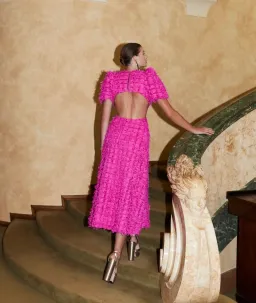 Rebecca Vallance Cherie Amour Puff Sleeve Midi Dress in Hot Pink Size 8 for rent on The Volte - image 2