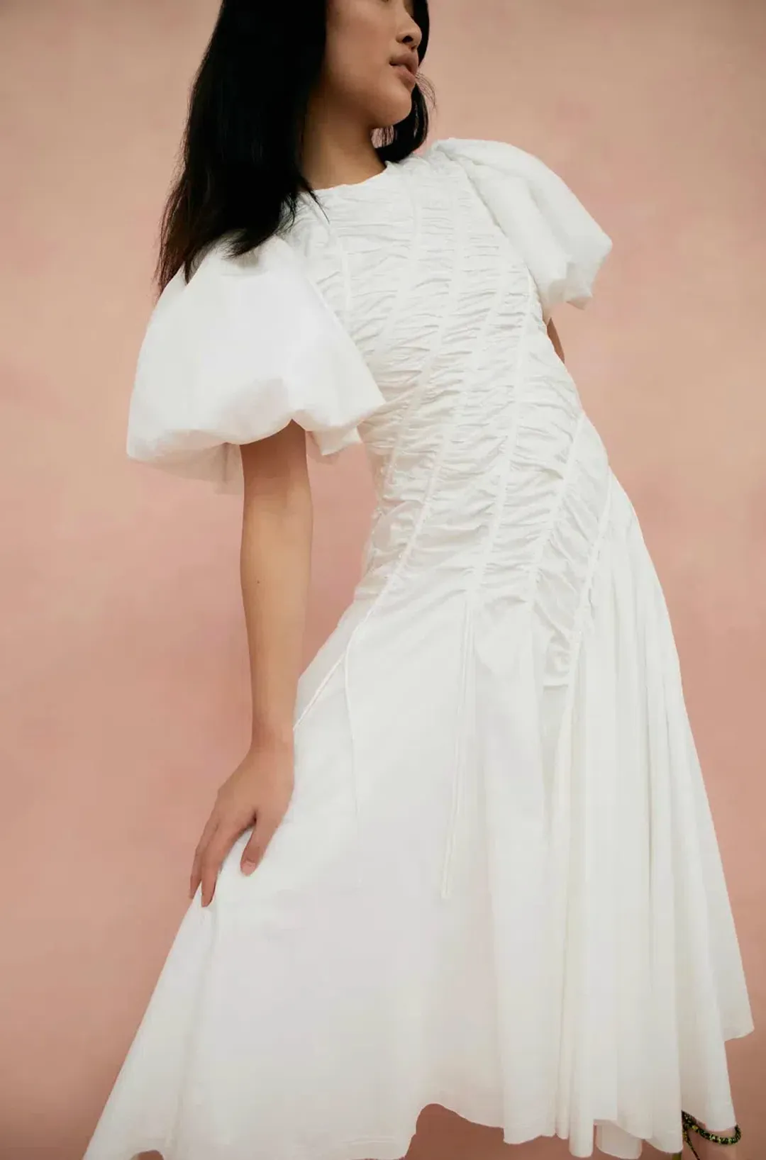 Aje Siren Drawstring Midi Dress Ivory Size 6 for rent on The Volte - main image