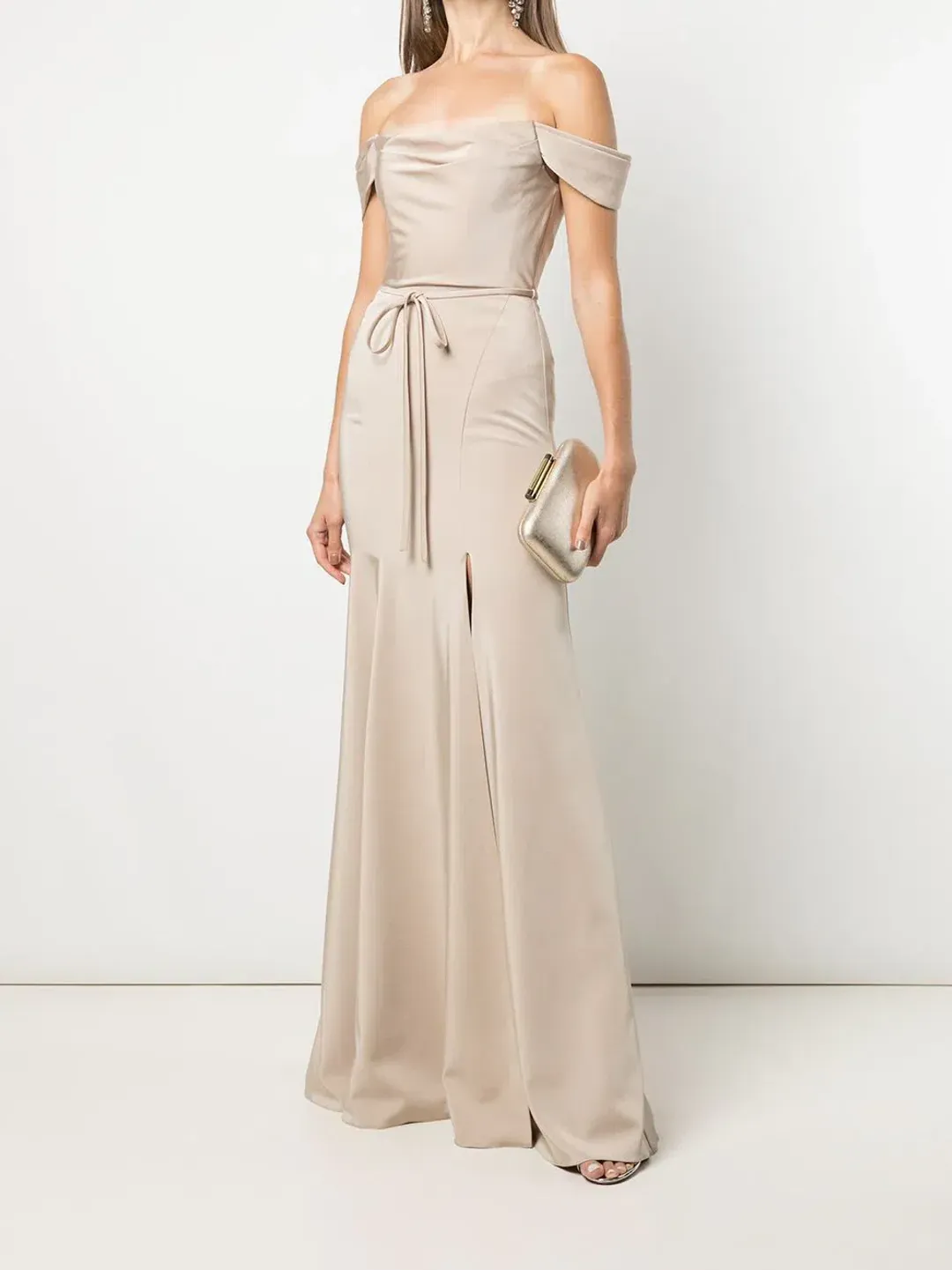 Marchesa Notte Rimini Off Shoulder Dress in Champagne Colour Size US 10 / AU 14 for rent on The Volte - main image