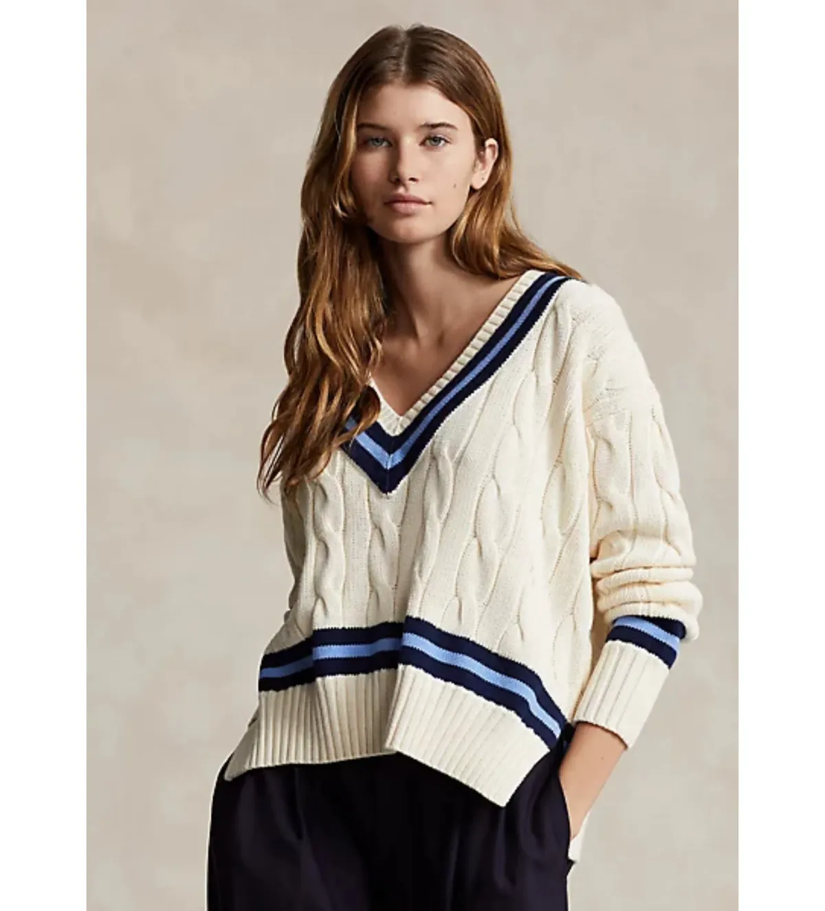 Polo Ralph Lauren Knitted V Neck Cricket Jumper With Stripe In Cream Size 10 for rent on The Volte - main image
