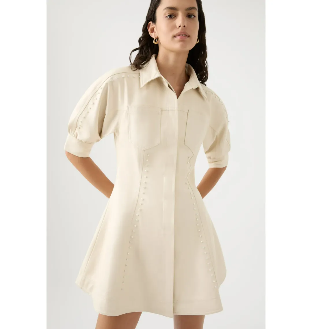 Aje Claire Pearl Mini Dress Sandstone Beige Size AU 4 for rent on The Volte - main image