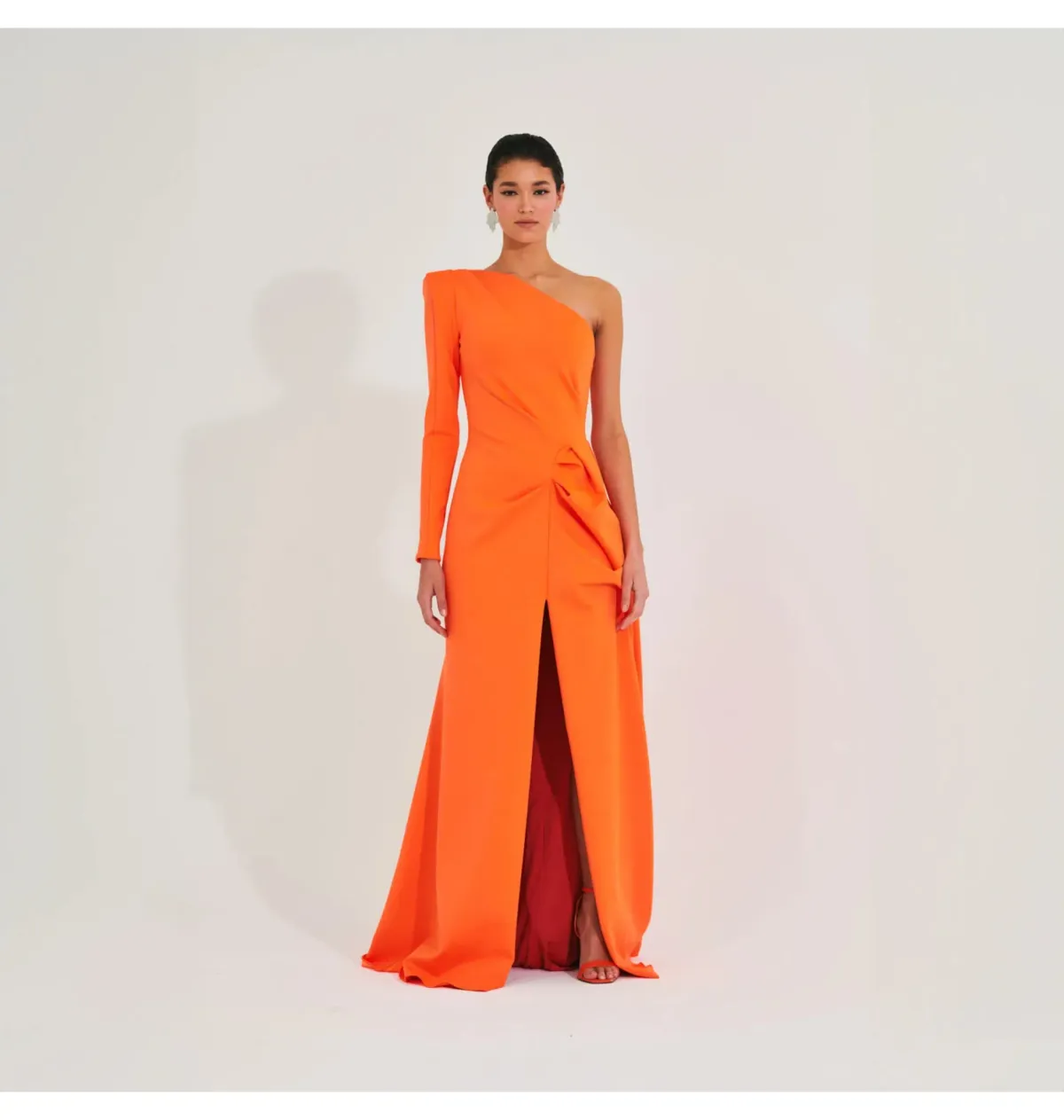 Meraki Official Izar One Shoulder Gown Neon Orange Size AU 6 for rent on The Volte - main image