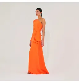 Meraki Official Izar One Shoulder Gown Neon Orange Size AU 6 for rent on The Volte - image 3