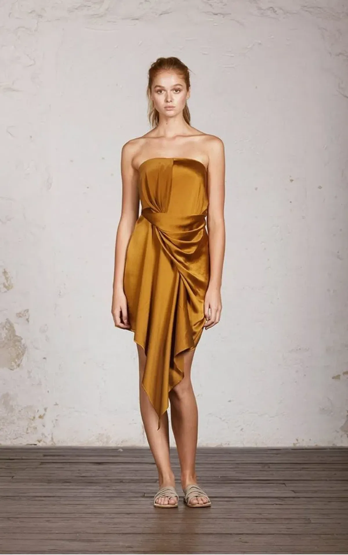 One Fell Swoop Grace Dress in Gold Sand Size 8 for rent on The Volte - main image