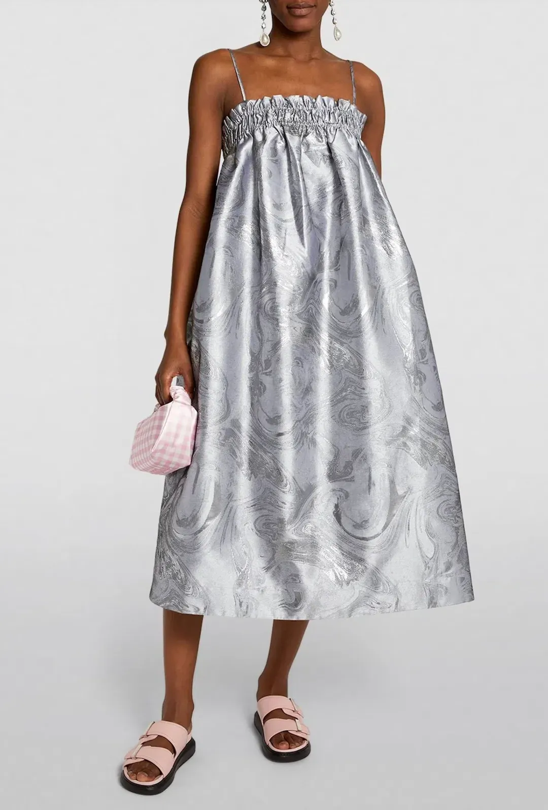 Ganni Shiny Jacquard Strap Dress Sliver Metallic Size 10 for rent on The Volte - main image