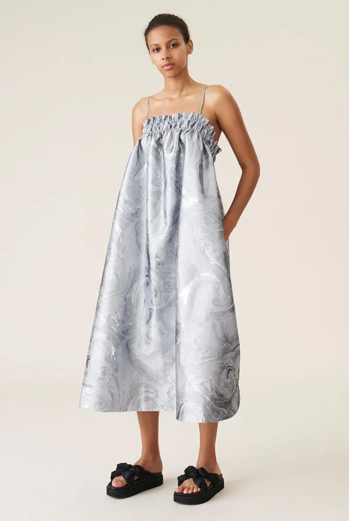 Ganni Shiny Jacquard Strap Dress Sliver Metallic Size 10 for rent on The Volte - main image