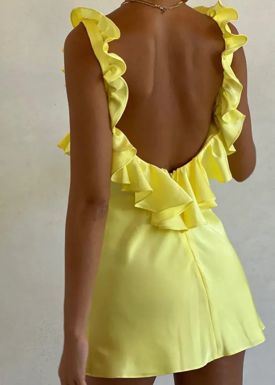 House of CB Tink Satin Ruffle Mini Dress Buttercup Size 8 for rent on The Volte - main image