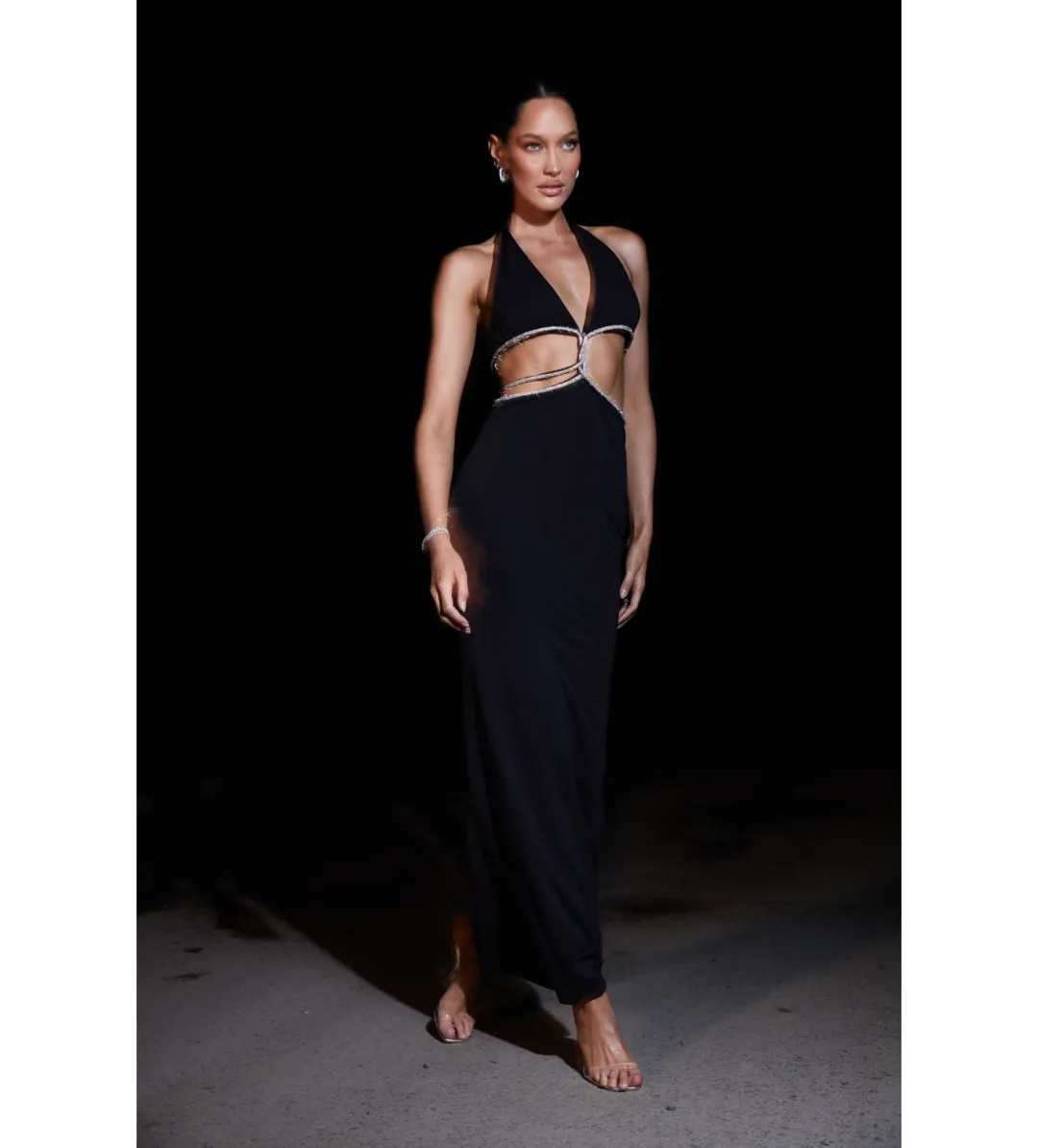 MESHKI Nicha Diamante Cut Out Maxi Dress Black Size 8  for rent on The Volte - main image