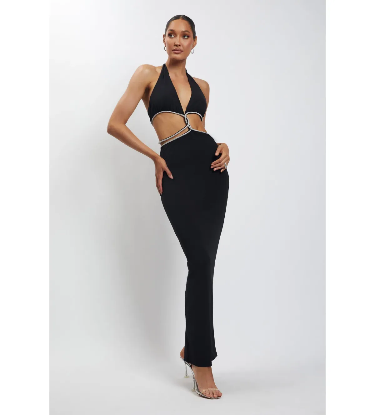 MESHKI Nicha Diamante Cut Out Maxi Dress Black Size 8  for rent on The Volte - main image