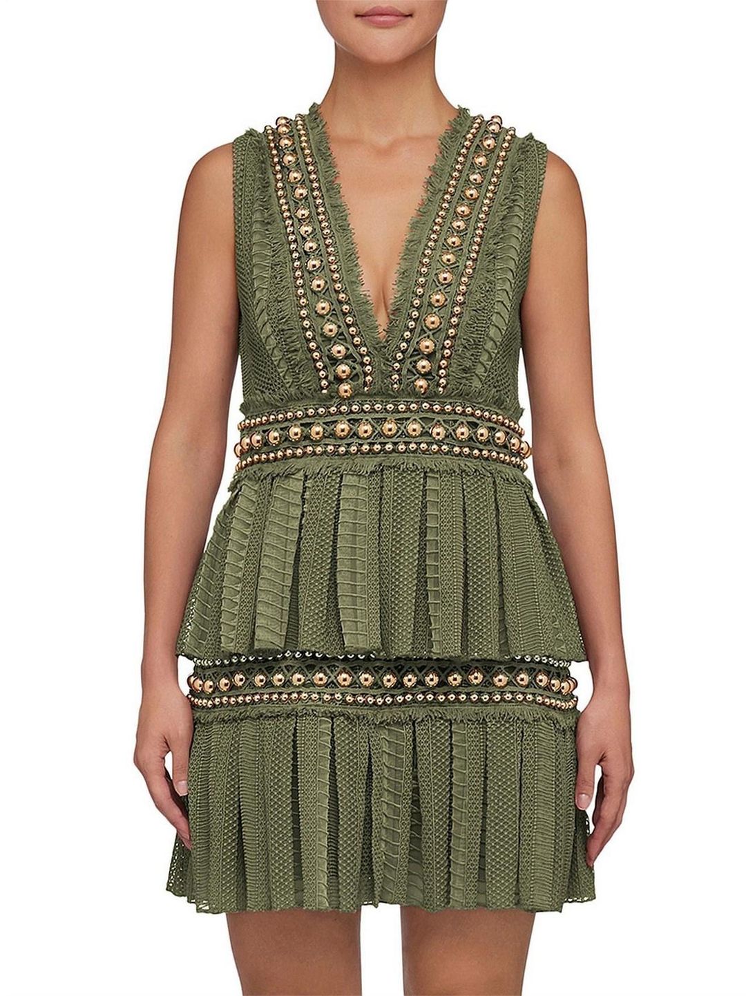 Khaki Lace Pleat Mini Dress Size 8 for rent on The Volte - main image