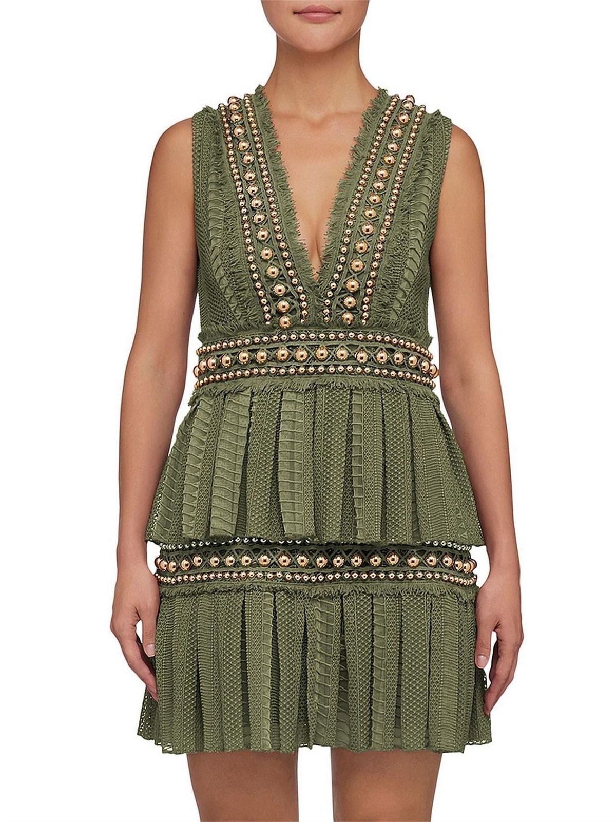 Khaki Lace Pleat Mini Dress Size 8 for rent on The Volte - main image