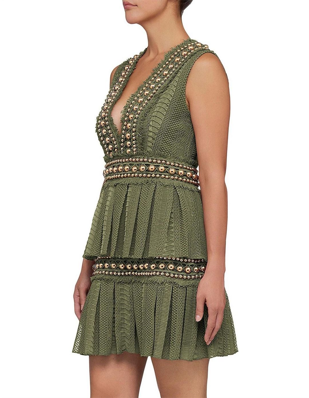 Khaki Lace Pleat Mini Dress Size 8 for rent on The Volte - main image