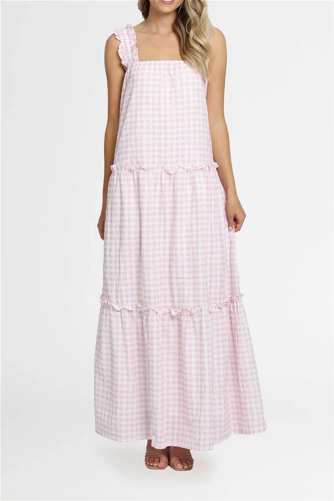 Charlie Holiday Lottie Maxi Dress Pink Gingham Size 8 for rent on The Volte - main image