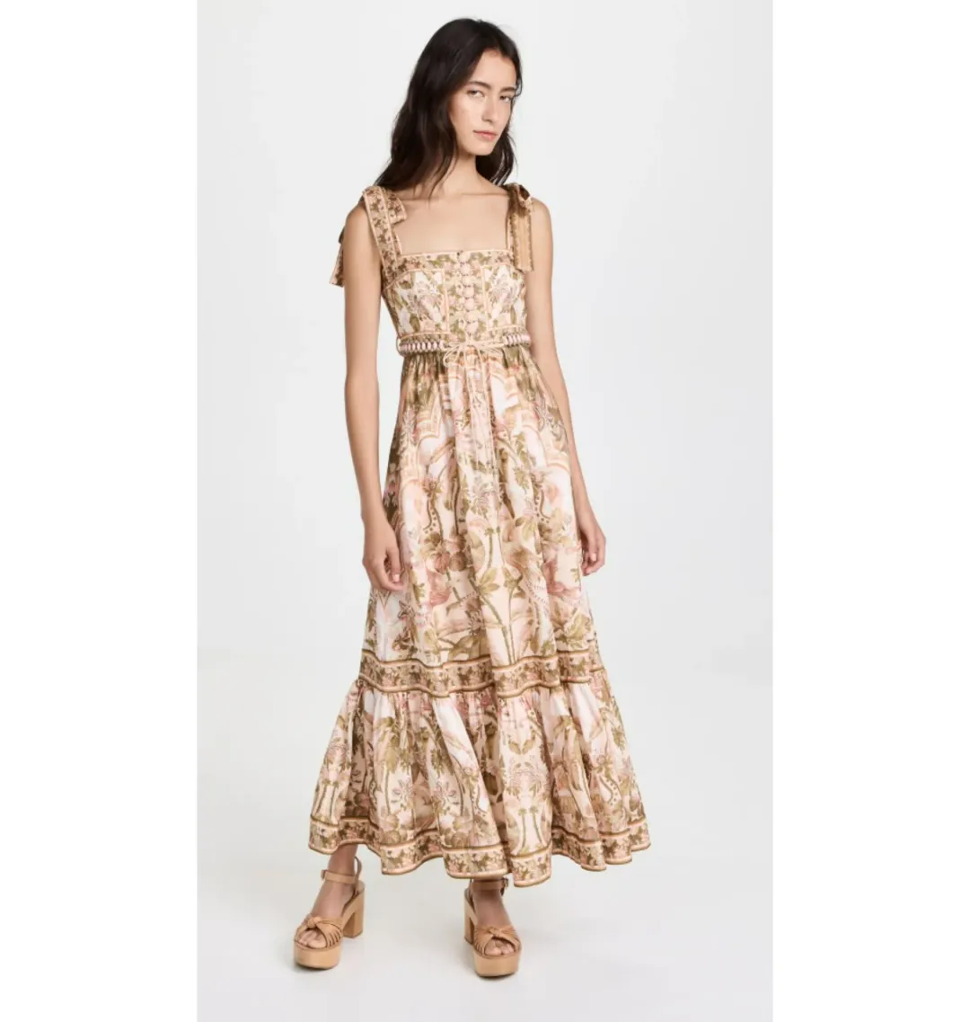 Zimmermann Lyre Picnic Dress in Khaki Palm Size 3 / AU 14 for rent on The Volte - main image