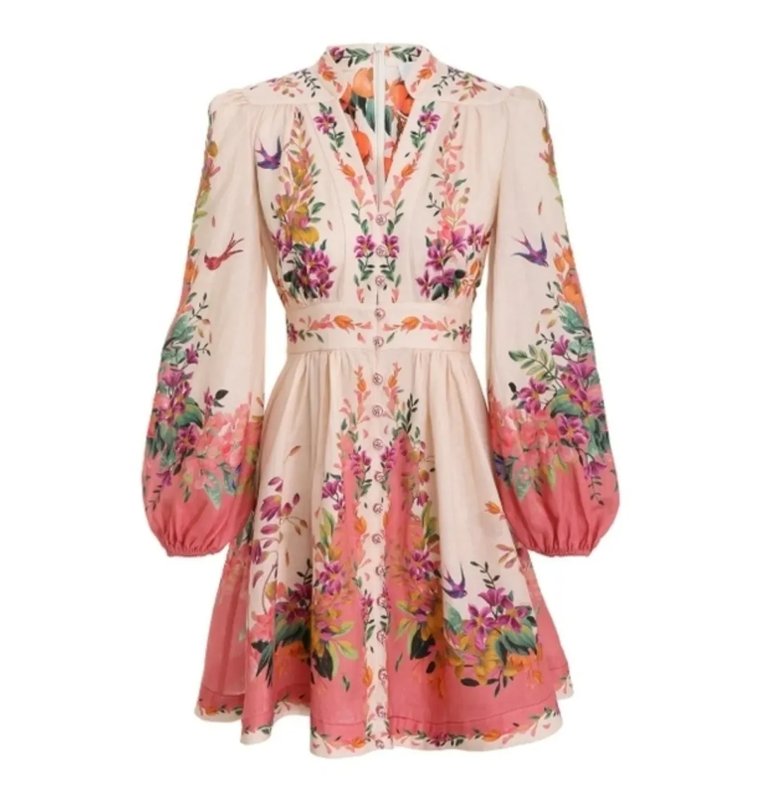 Zimmermann Tropicana Plunge Mini Dress Cream Floral Size 3 / AU 14 for rent on The Volte - main image
