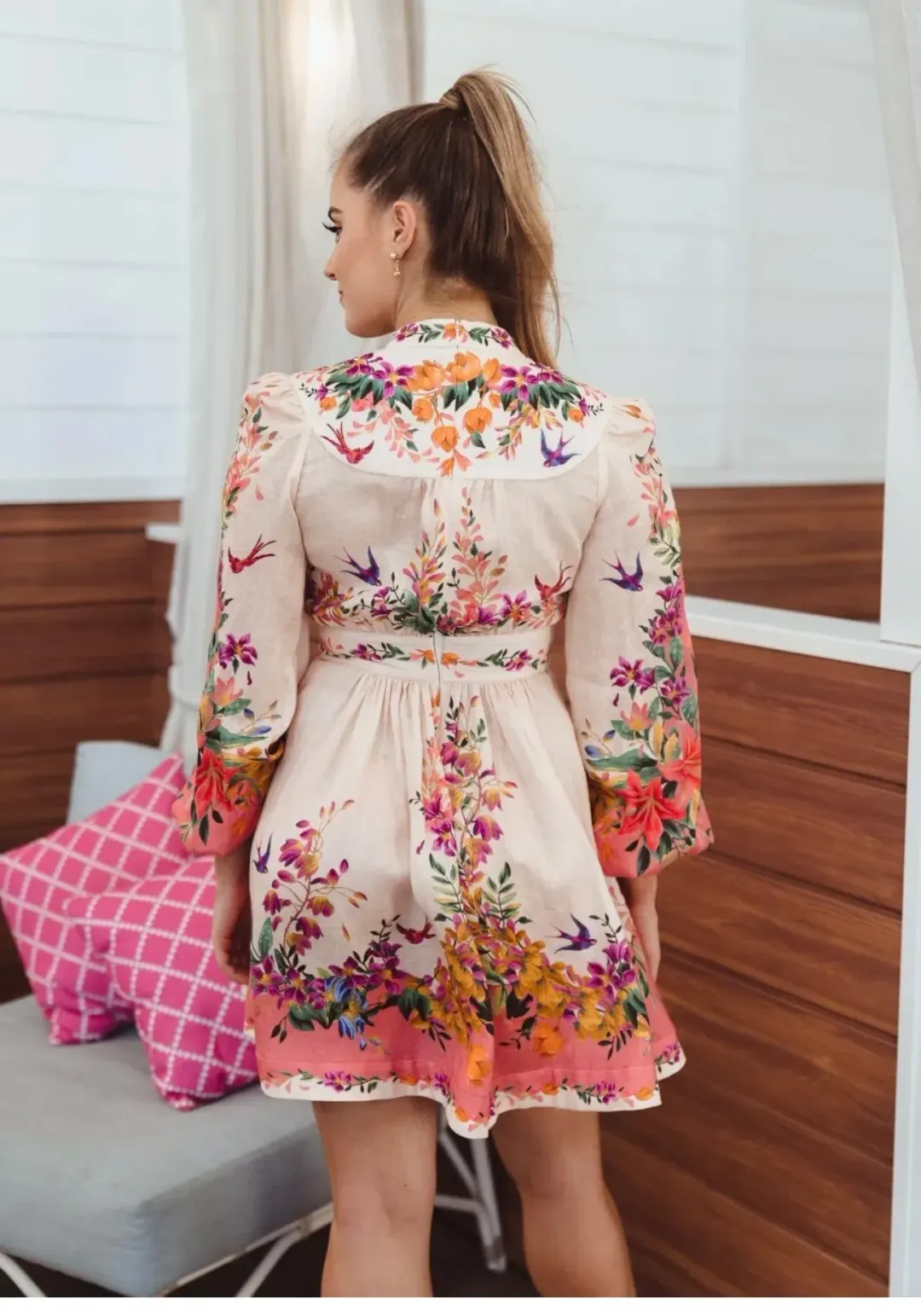 Zimmermann Tropicana Plunge Mini Dress Cream Floral Size 3 / AU 14 for rent on The Volte - main image
