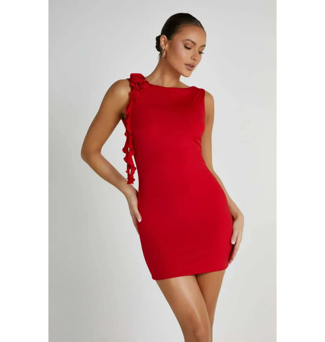 Meshki  Bronte Backless Rose Mini Dress in Red Size AU 8 for rent on The Volte - main image