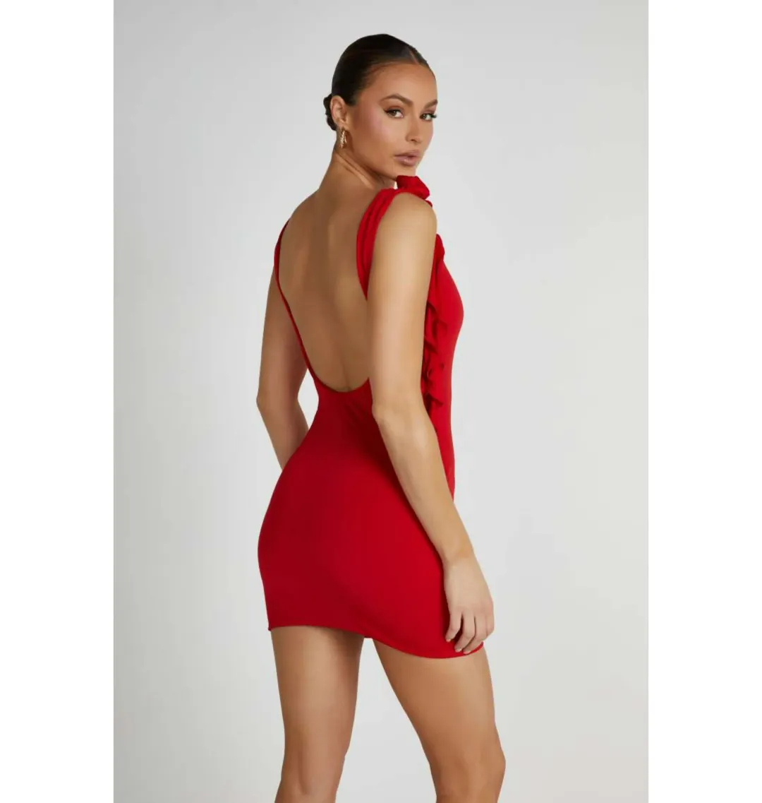Meshki  Bronte Backless Rose Mini Dress in Red Size AU 8 for rent on The Volte - main image