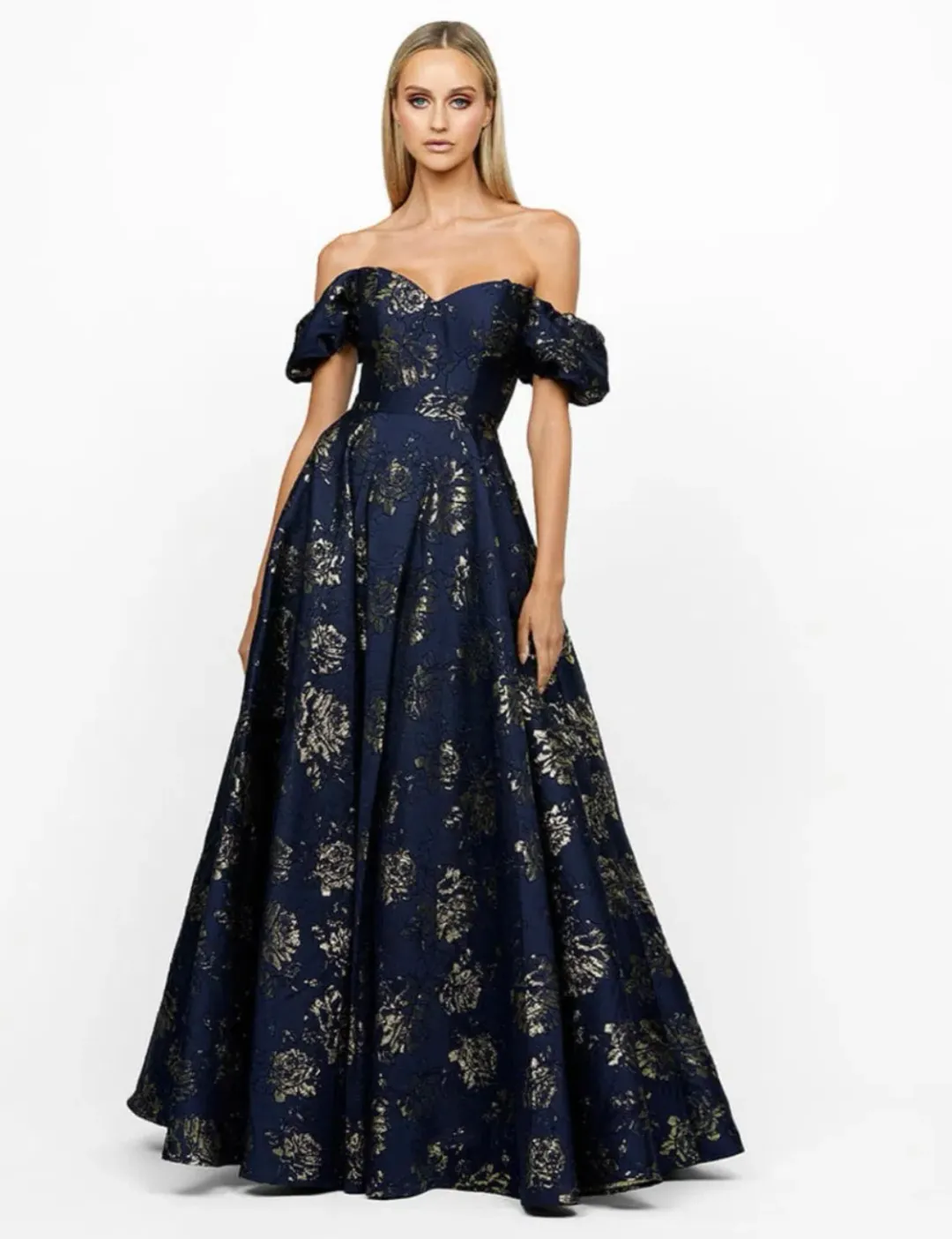 Bariano Sandy Sweetheart Off Shoulder Gown Navy/Gold Size 16 for rent on The Volte - main image