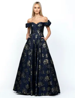 Bariano Sandy Sweetheart Off Shoulder Gown Navy/Gold Size 16 for rent on The Volte - image 4