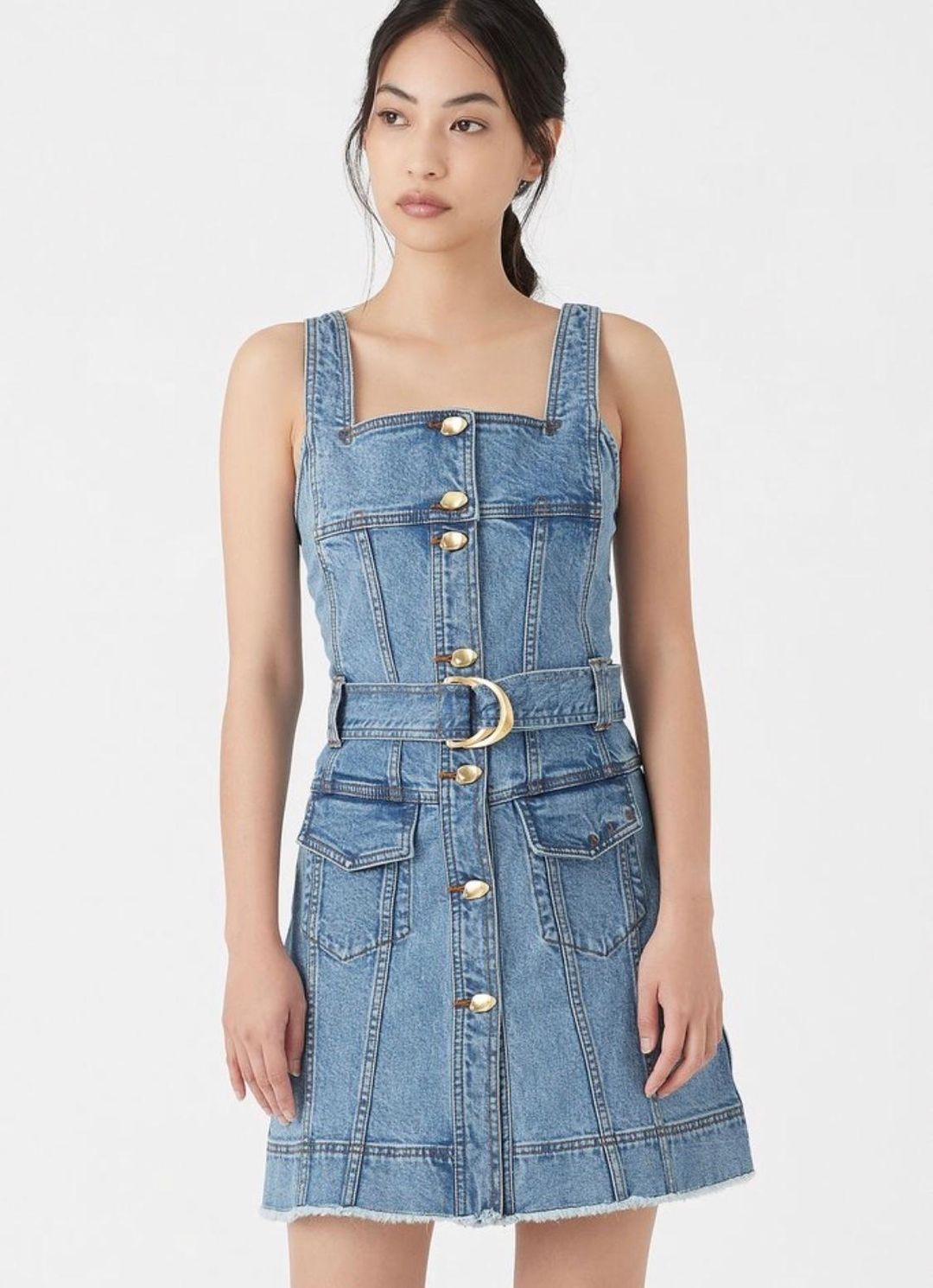 Aje Paperbark Denim Belted Mini Dress Blue Size 4 for rent on The Volte - main image