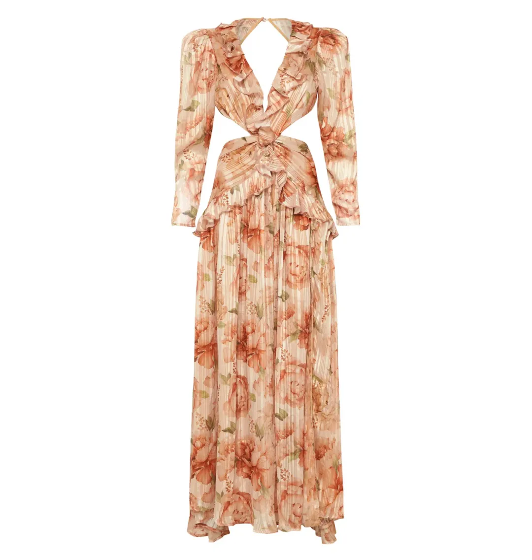 Sonya Moda Ruffle Cutout Maxi In Spiced Peonies Size AU 6 for rent on The Volte - main image
