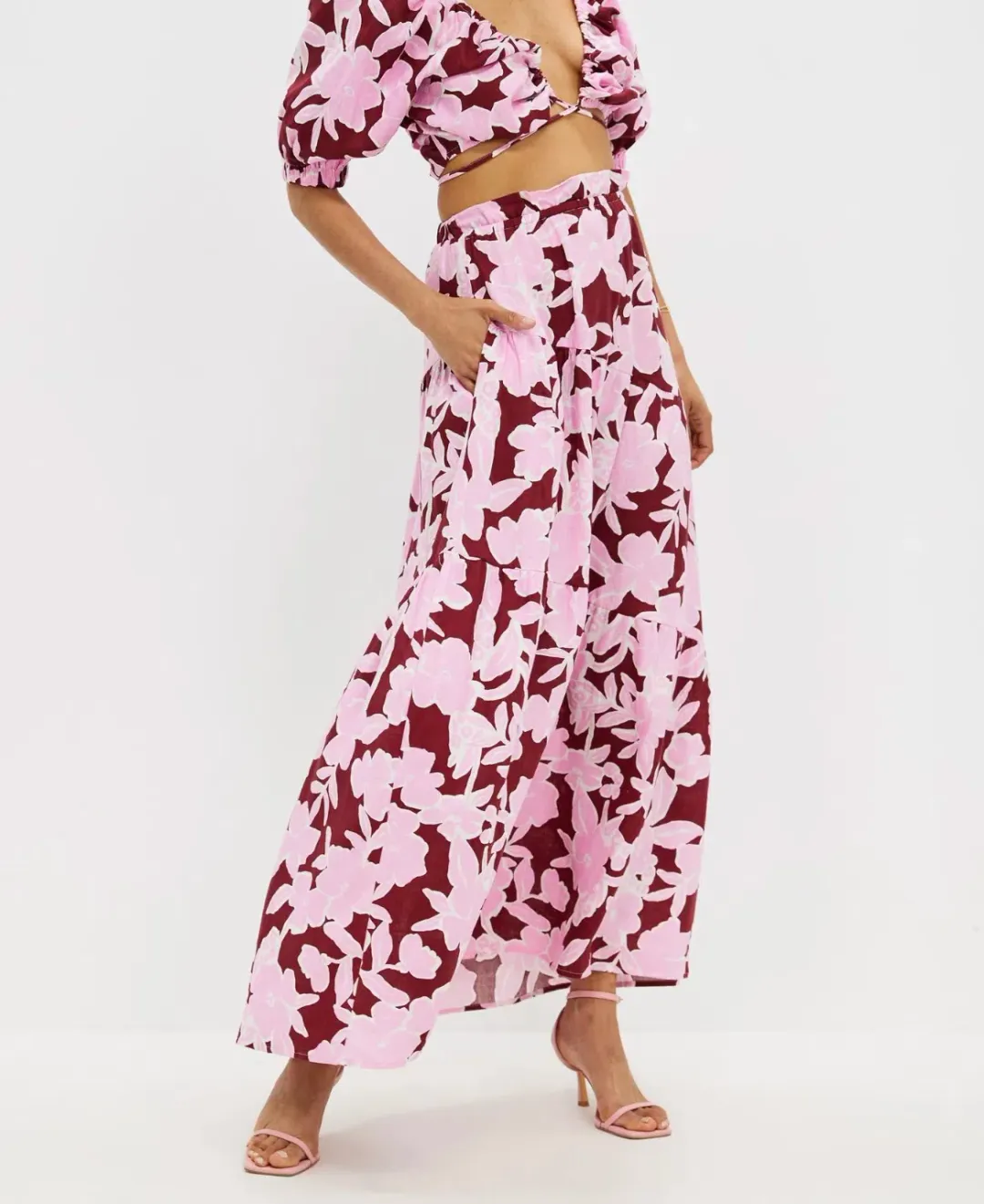 Aere Gathering Detail Linen Top Size 8 & Tiered Linen Maxi Skirt Size 10 Set in Malina Print for rent on The Volte - main image