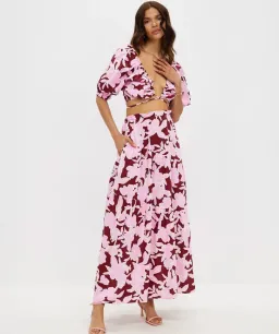Aere Gathering Detail Linen Top Size 8 & Tiered Linen Maxi Skirt Size 10 Set in Malina Print for rent on The Volte - image 2