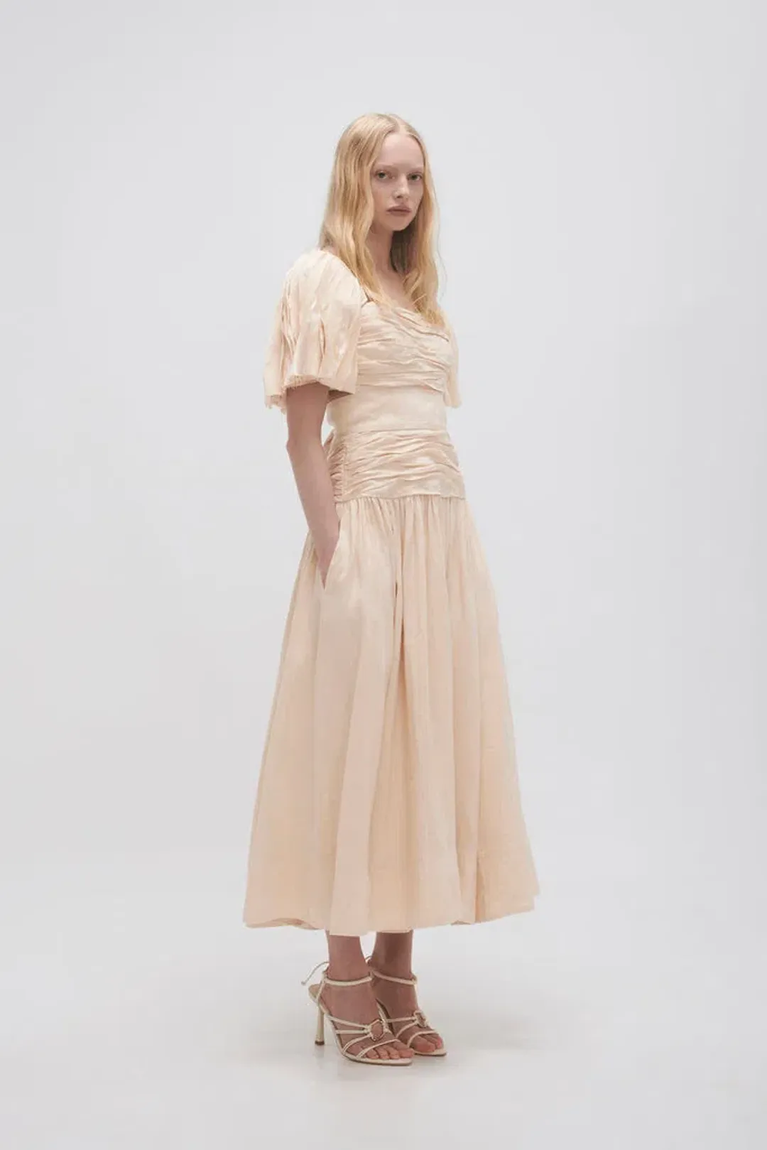 Aje Marianne Ruched Midi Dress in Coconut Cream Size 10 for rent on The Volte - main image
