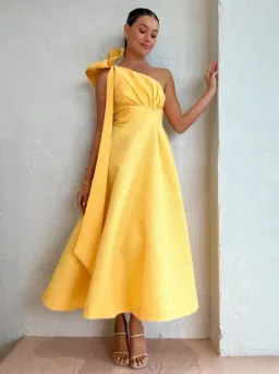 Rachel Gilbert Emiliano Midi One Shoulder In Lemondrop Size 6 for rent on The Volte - image 1