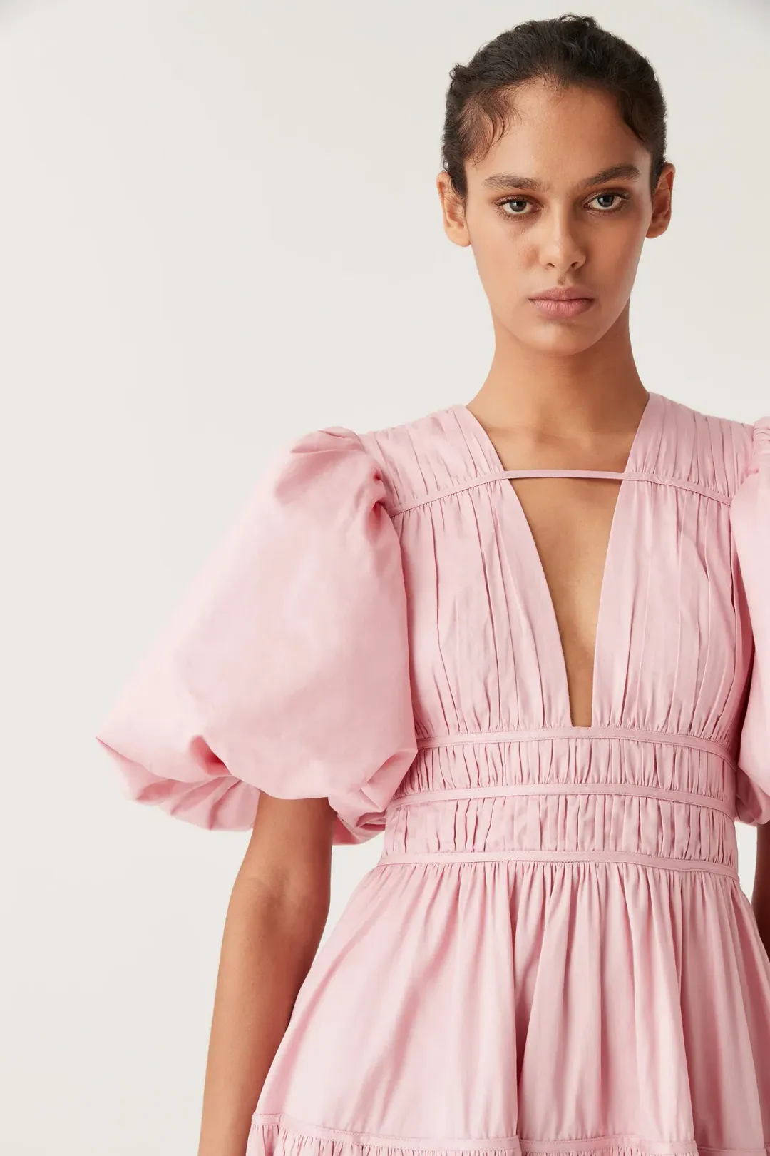 Aje Fallingwater Ruched Midi Dress in Chalk Pink Size AU 14 for rent on The Volte - main image