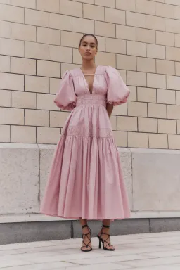 Aje Fallingwater Ruched Midi Dress in Chalk Pink Size AU 14 for rent on The Volte - image 1