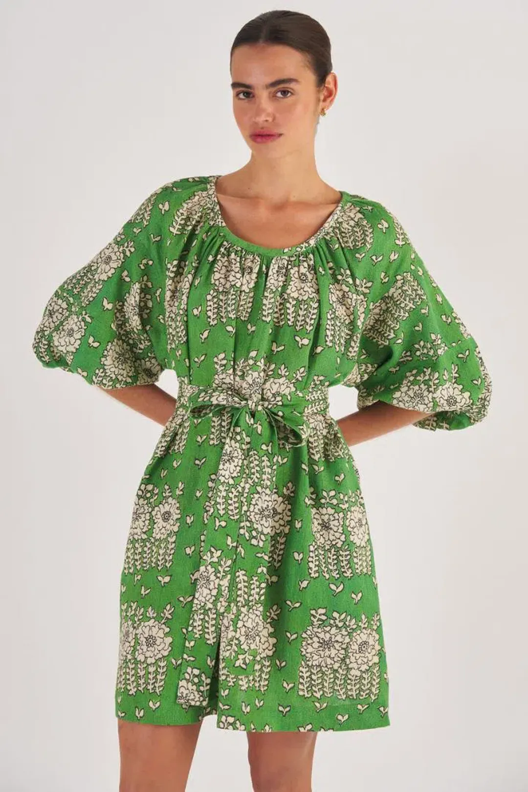 Oroton Full Sleeve Posie Print Mini Sun Dress Green Floral Size 12 for rent on The Volte - main image