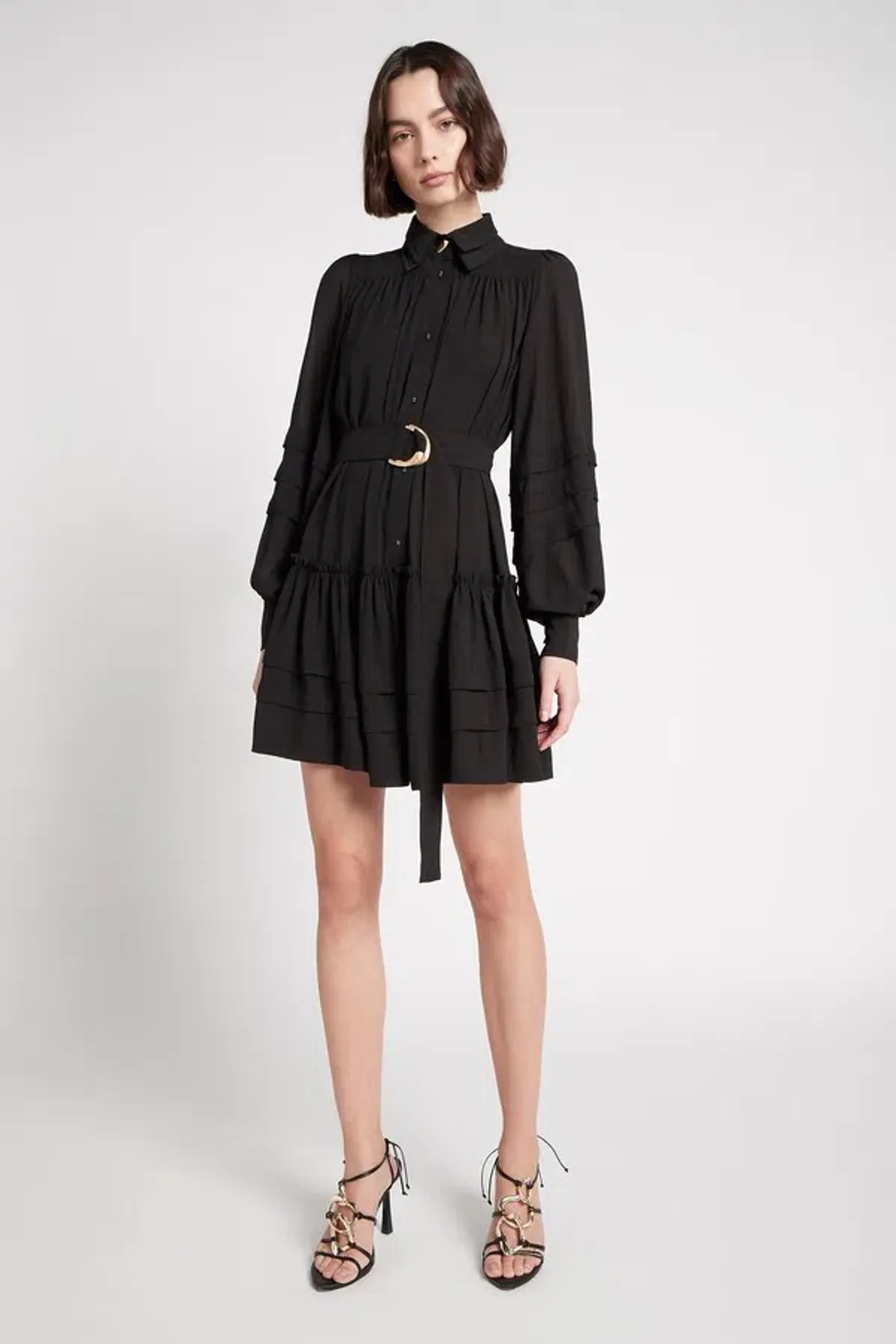 Aje Aurora Belted Trim Puff Sleeve Mini Shirt Dress Black Size 8 for rent on The Volte - main image