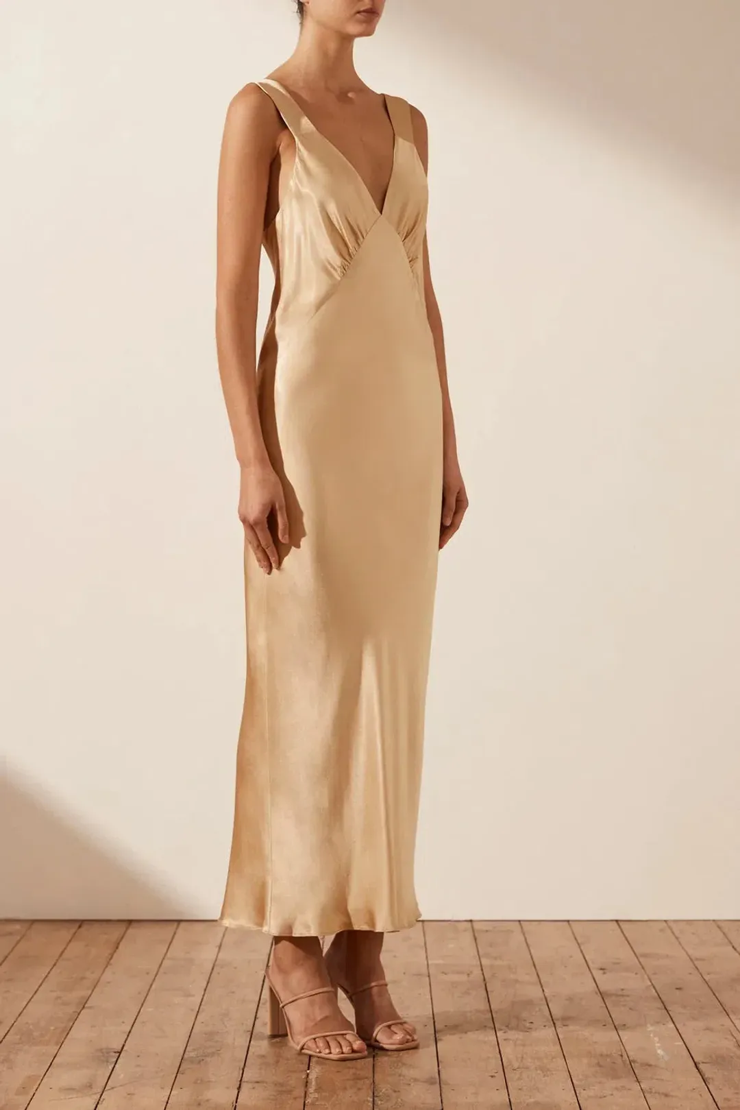 Shona Joy Felicity Plunge Midi Dress Porcini Gold Size 10 for rent on The Volte - main image