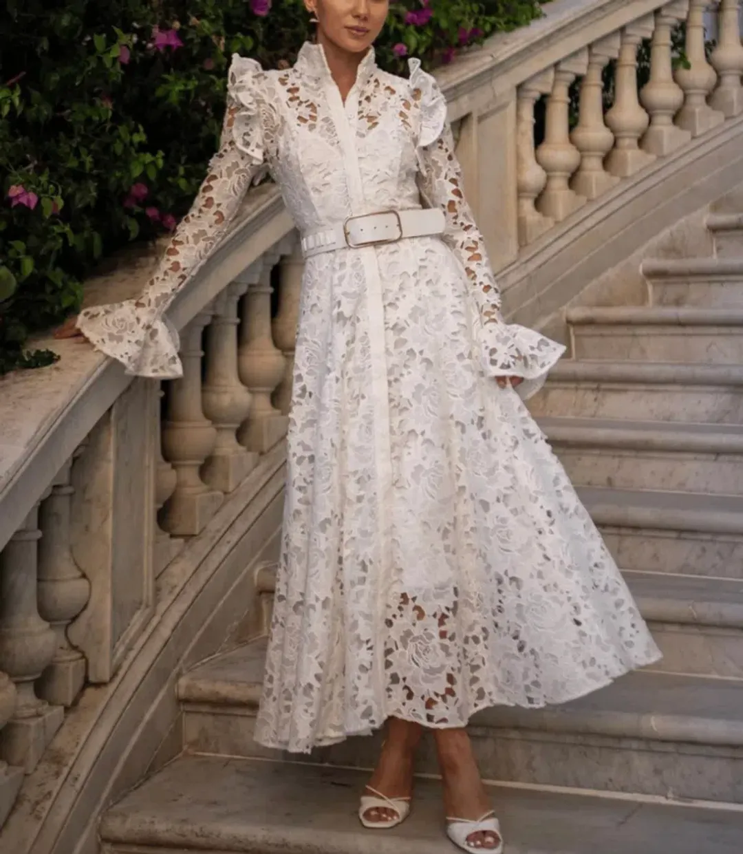 Leo Lin Aliyah Lace Butterfly Sleeve Midi Dress Snow Size 10 for rent on The Volte - main image