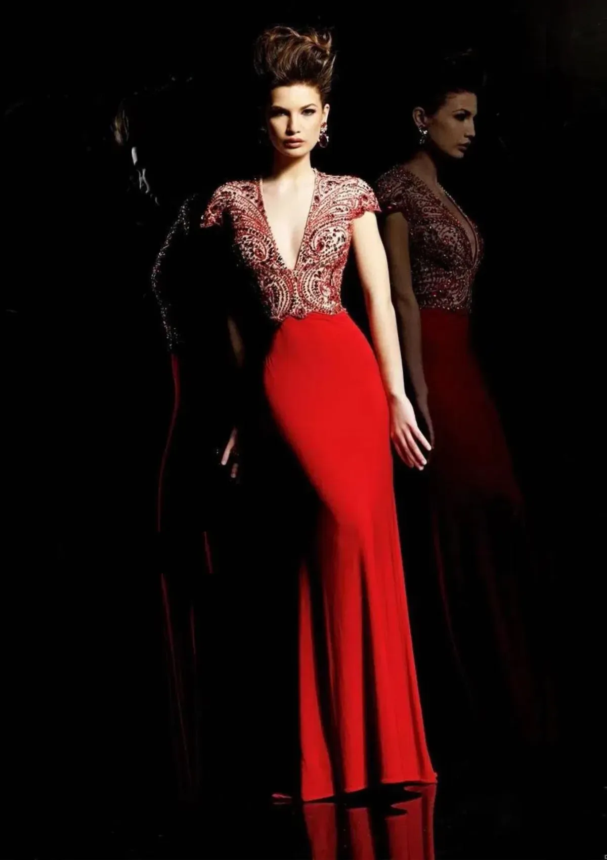 Sherri Hill 2960 Plunge Neck Cap Sleeve Evening Gown with Tail Red Size S / AU 8 for rent on The Volte - main image
