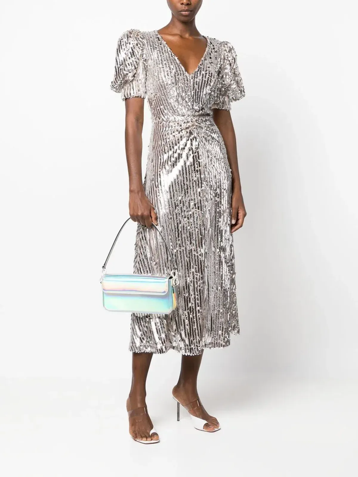 Rotate Puff Sleeve Sequin Midi Dress Silver Size 34/ AU 6 for rent on The Volte - main image