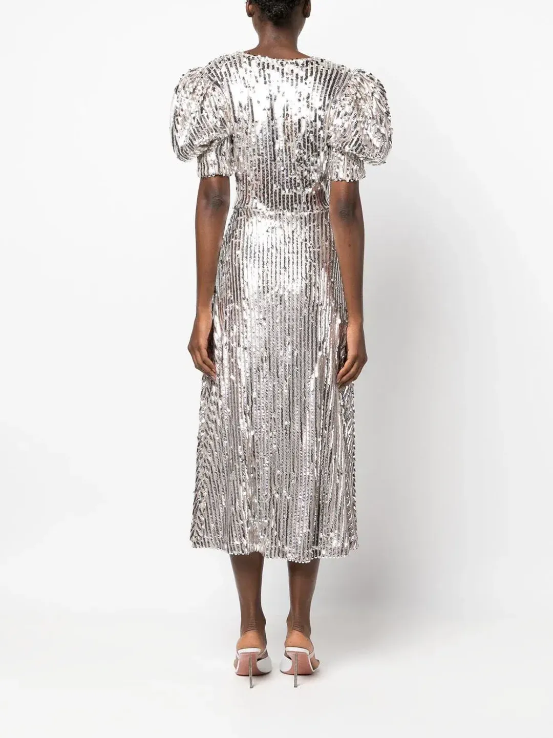 Rotate Puff Sleeve Sequin Midi Dress Silver Size 34/ AU 6 for rent on The Volte - main image