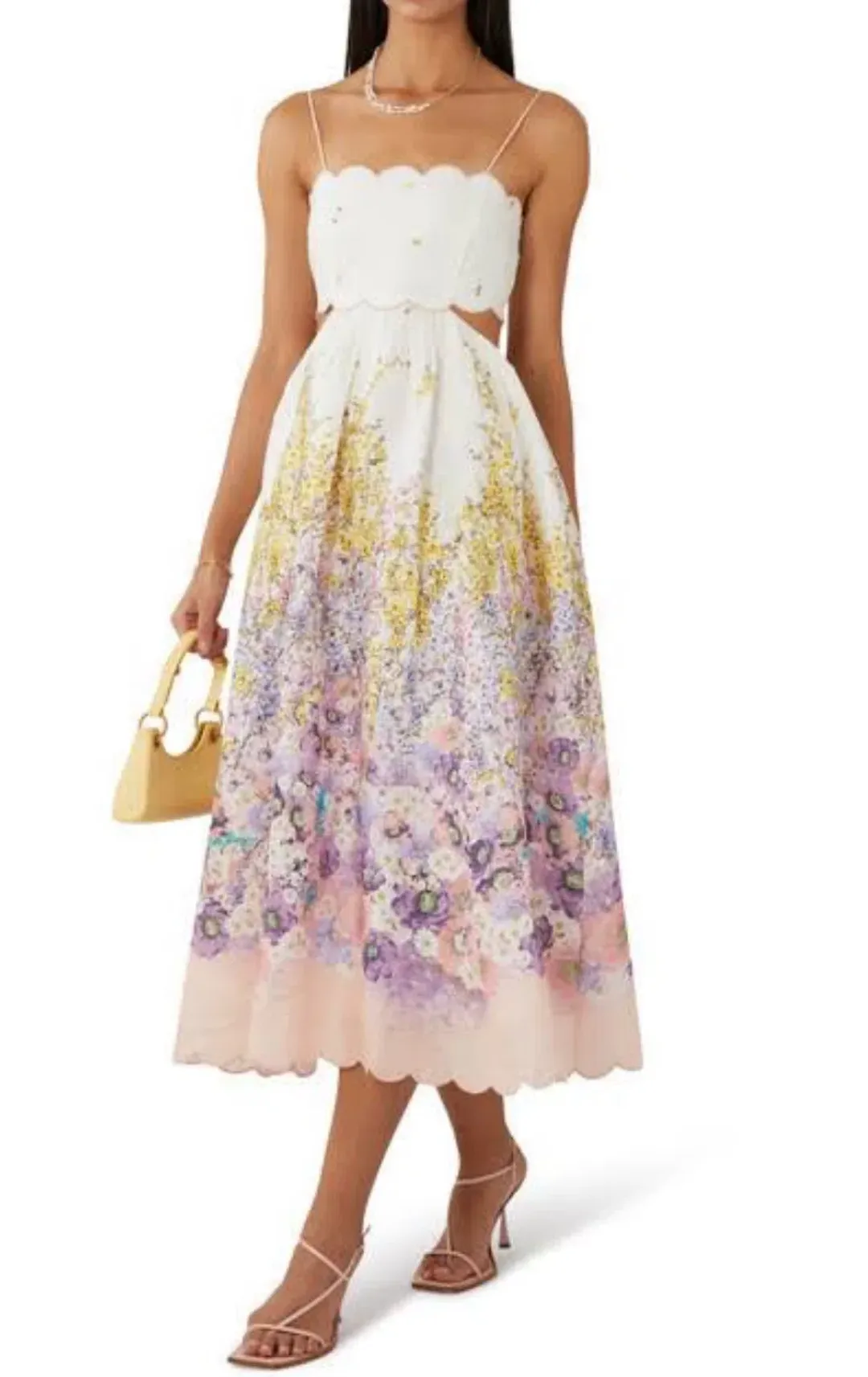 Zimmermann Jude Scallop Midi Dress Peach Gradient Floral Size 0P / AU 6 for rent on The Volte - main image