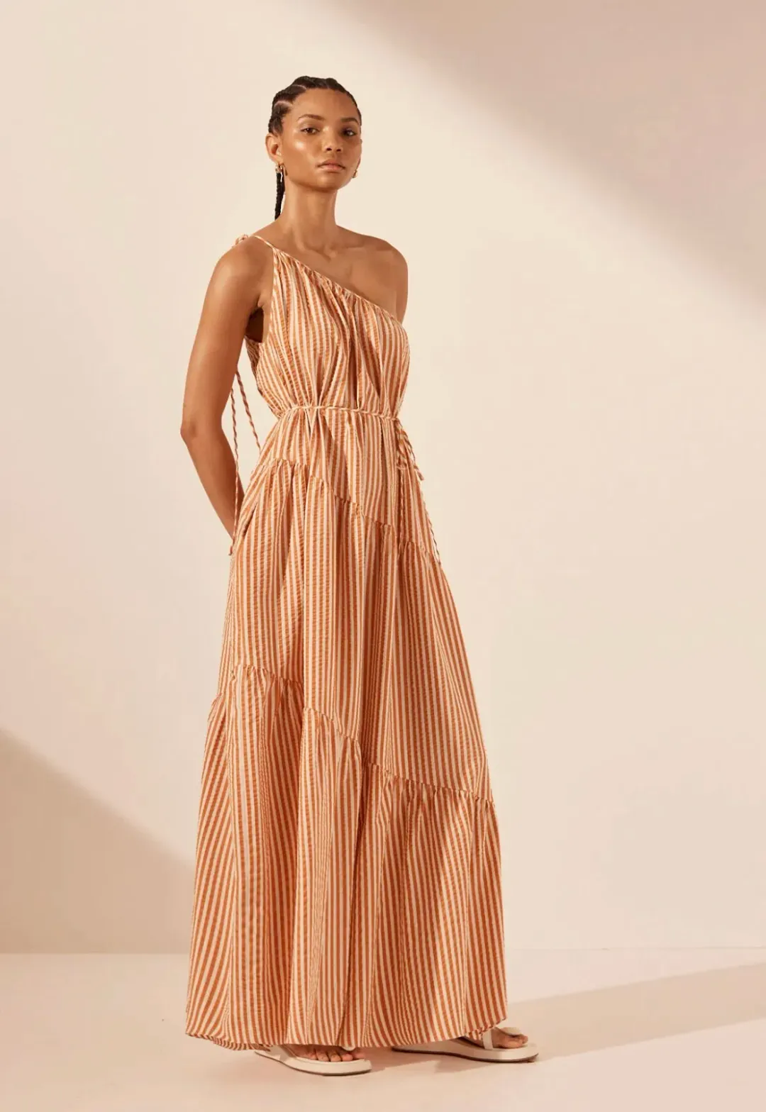 Shona Joy Hele One Shoulder Tiered Maxi Dress Coconut/Tangerine Size AU 6 for rent on The Volte - main image